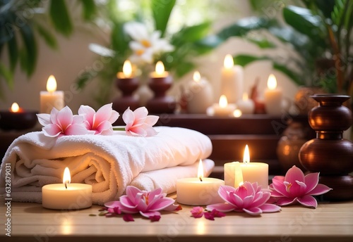 Resort spa tropical flowers candle blurred light white towel cozy relaxing meditation massage salon background