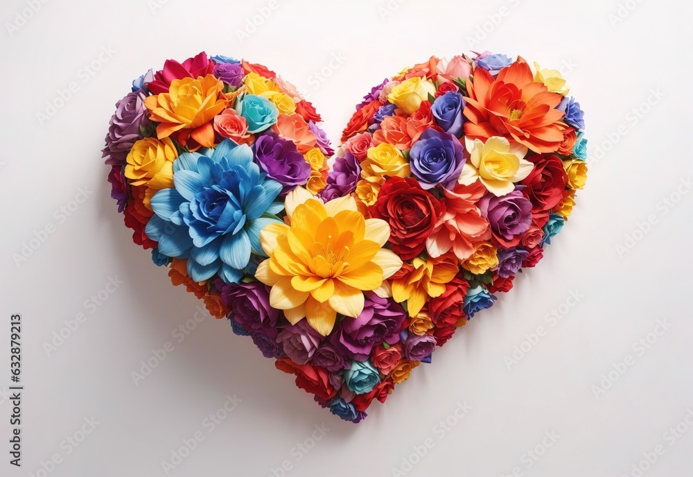 Rainbow color heart made of flowers isolated on white background Rainbow color heart made of flowers isolated on white background