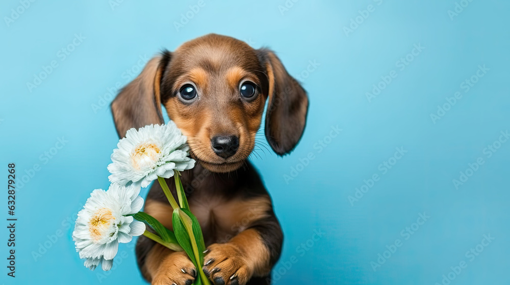 Dachshund dog  puppy holding flowers, pastel background