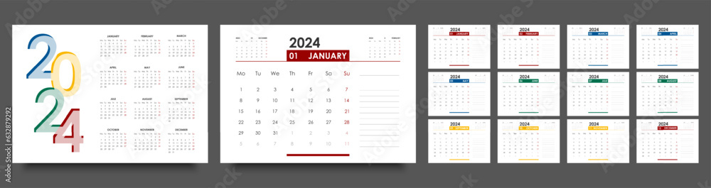 Calendar, planner 2024 year. Desk or wall calendar template, landscape orientation, English language. The week starts on Monday. 