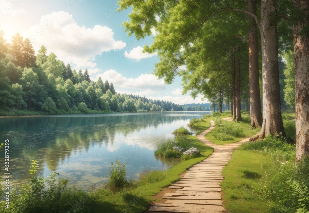 Natural background of beautiful forest trees lake path and landscapes