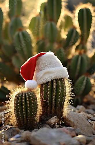 Cactus with Santa Claus hat in the desert. Christmas background.