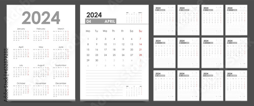 Planner 2024 year. Calendar template. Vertical orientation. The week starts on Monday, English.