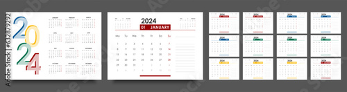 Calendar, planner 2024 year. Desk or wall calendar template, landscape orientation, English language. The week starts on Monday. 