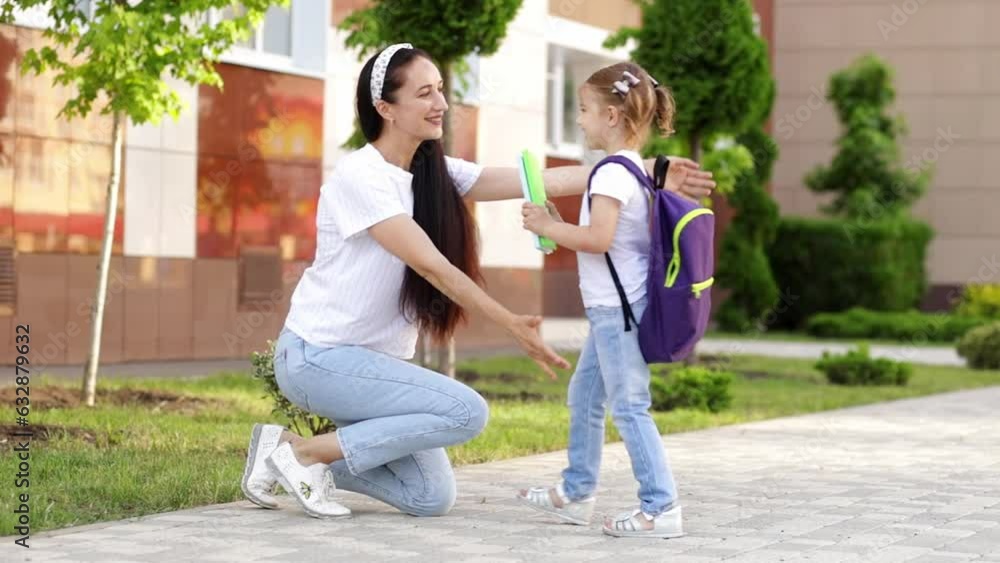 the first day of school, a mother leads a little girl schoolgirl to the first grade holding her hands, the concept is back to school the first day of school, a mother leads a little girl schoolgirl to the first grade holding her hands, the concept is back to school