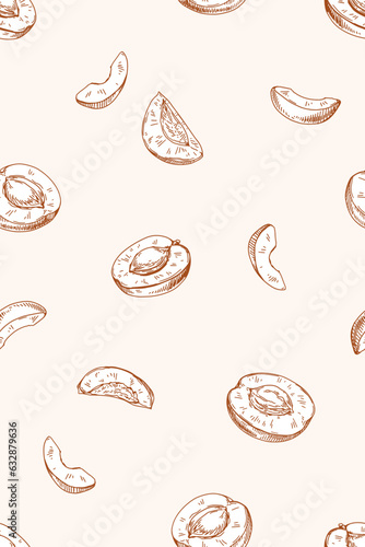 Seamless apricot pattern. Monochrome fruits, repeating print in vintage retro...