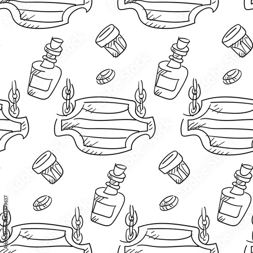 The pattern is a saloon sign with a pattern, a bottle of whiskey, a shot glass, a coin in a linear style. Vector ornament on a white background. Themed western, cowboy