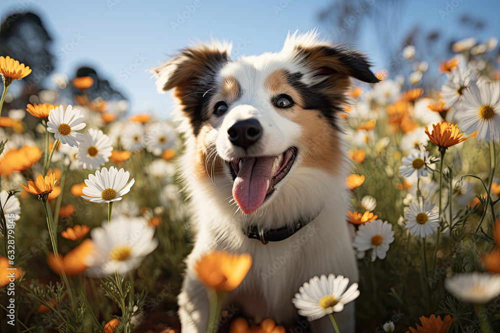 Aussie in the white flowers around Aussie in the white flowers around