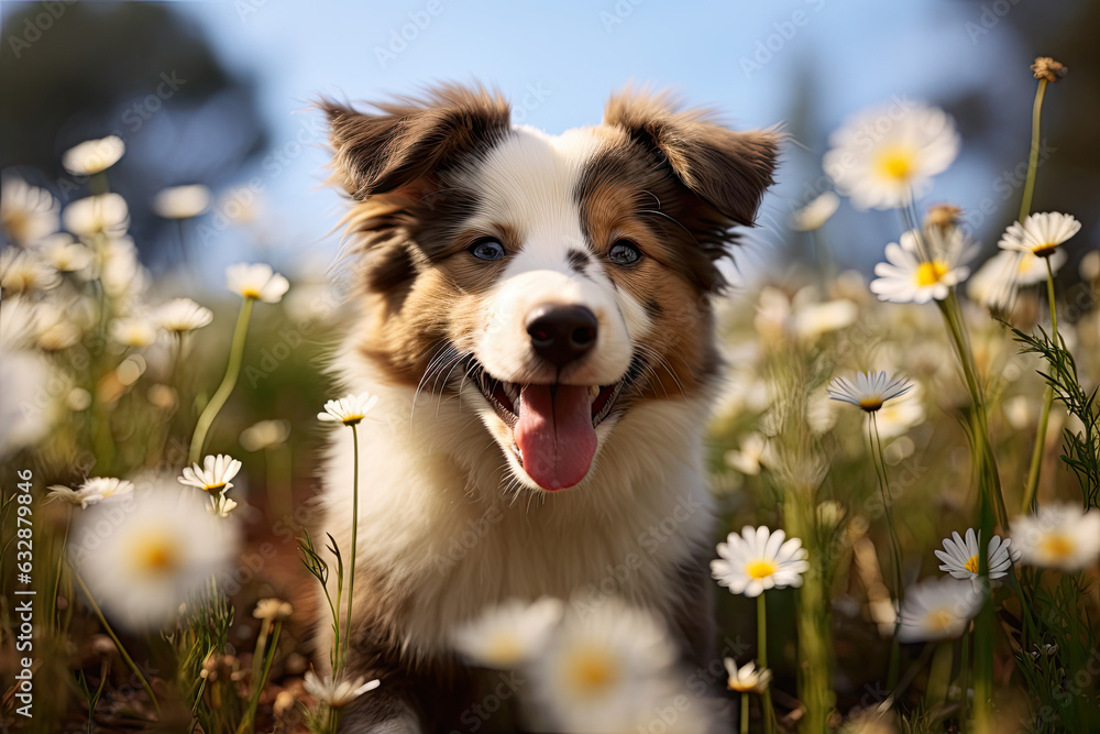 Aussie in the white flowers around Aussie in the white flowers around