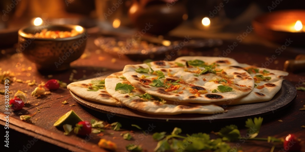 Appetizing Indian Chapati, in a restaurant. Indian national dish. Generative AI