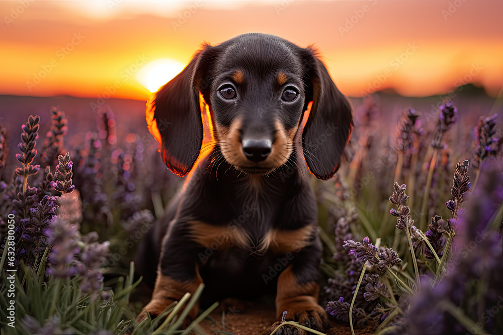 Dachshund in a  lavender field at sunset
