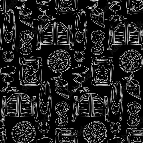 A pattern of western elements in a contour style on a black background. Doors, snake, lasso, bandana, direction indicator, wheel, horseshoe, search and other details. Packing for the party