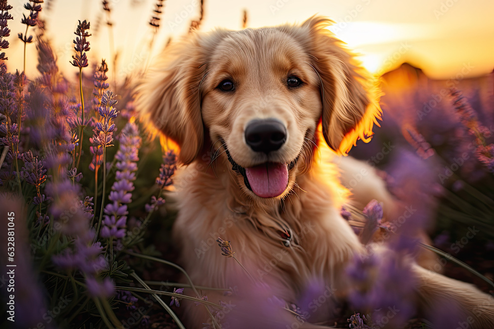 Golden retriever in a  lavender field at sunset