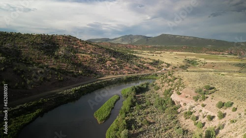 Aerial view of Colorado River near McCoy Colorado at sunset in dry desert terrain in summer