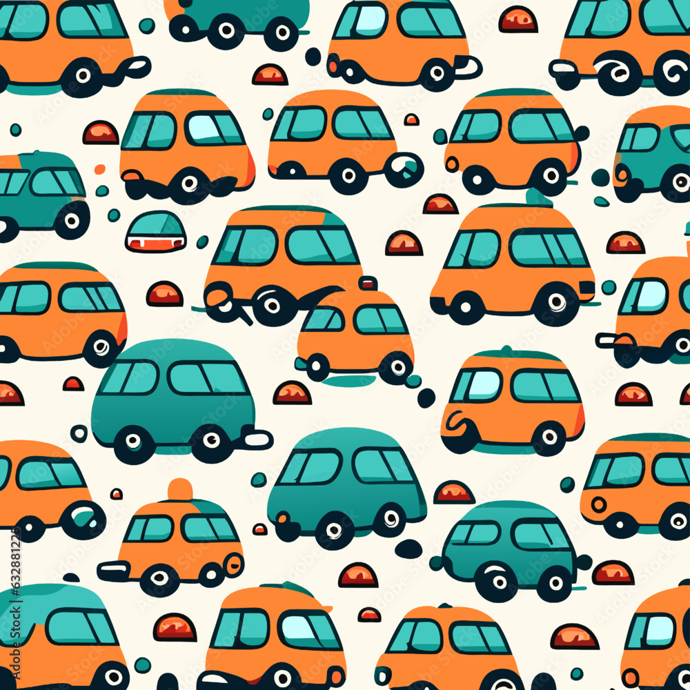 Seamless pattern with cute cartoon cars. Hand drawn vector illustration.