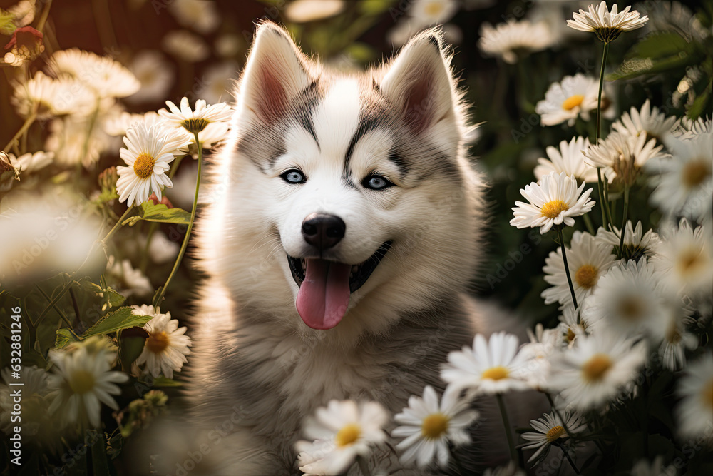Husky in the white flowers around