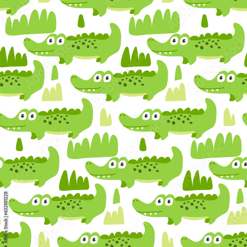 Seamless pattern with cute cartoon crocodiles and grass  funny children s print. Vector hand-drawn illustration for children s fabric  packaging  textiles
