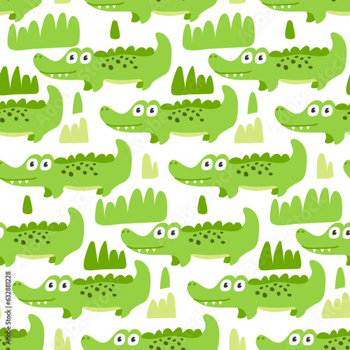 Seamless pattern with cute cartoon crocodiles and grass, funny children's print. Vector hand-drawn illustration for children's fabric, packaging, textiles