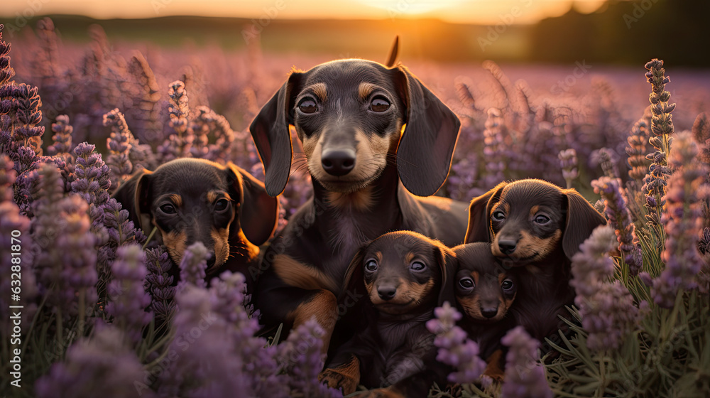Dachshund dog mom with several puppies in the lavender field at sunset