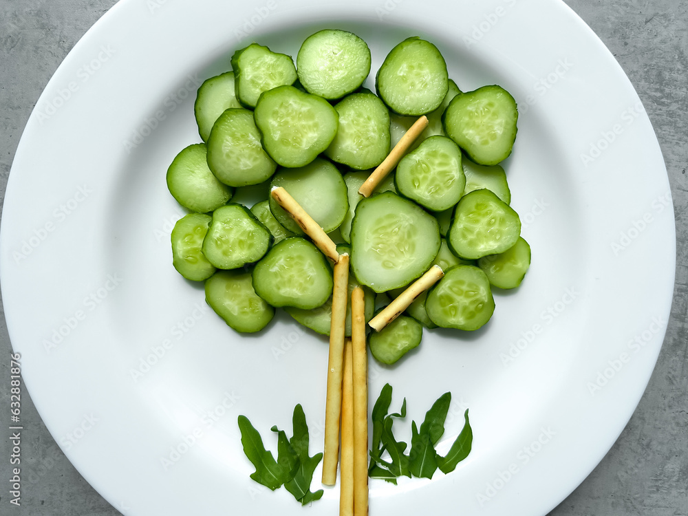 Healthy and fun food for kids, food serving for kids, tree, vegetables, cucumber Healthy and fun food for kids, food serving for kids, tree, vegetables, cucumber