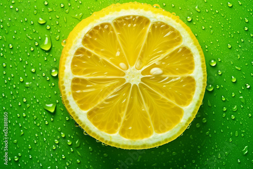 Sliced lemon on a green background with water drops, generative ai.