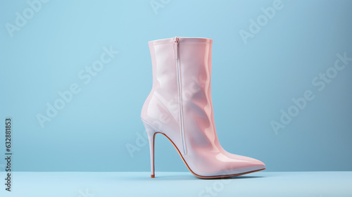 Flying fashionable women's stiletto heels boots isolated on pink background