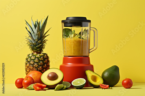Blender with pieces of fruit and vegetable ingredients, Healthy drink and lifestyle, generative AI.