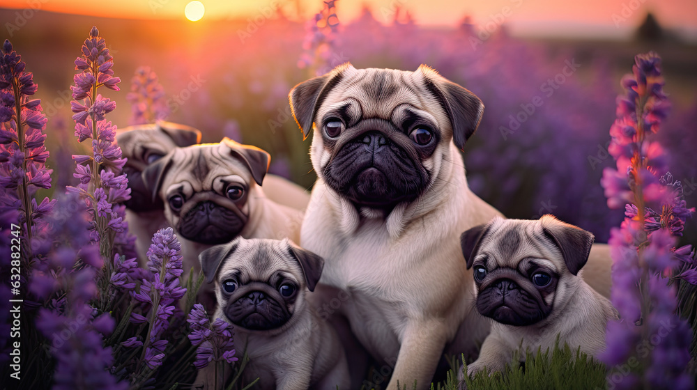 Pug dog mom with several puppies in the lavender field at sunset