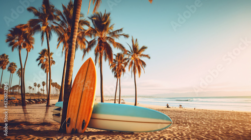 Surfboard and palm tree on beach background © Ayyan