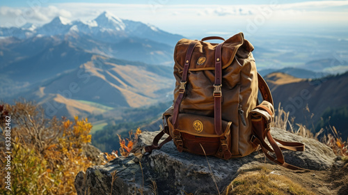 an old vintage leather backpack stands on a rock in the background you can see snow-covered mountains. hiking and trekking concept. Generative AI