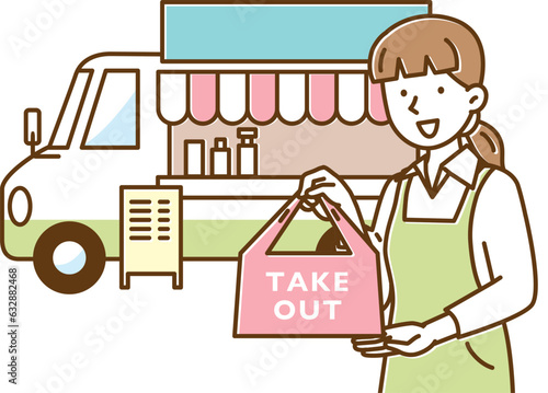 キッチンカーで移動販売する若い女性