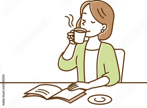 カフェでゆったりとコーヒーを楽しむ若い女性