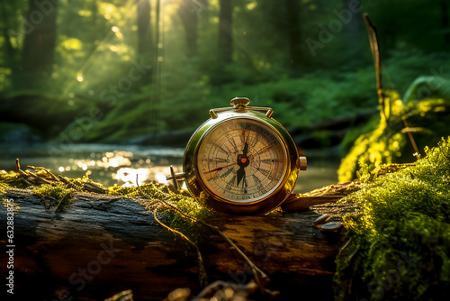 Vintage compass on the log in forest, warm sun light, generative AI.