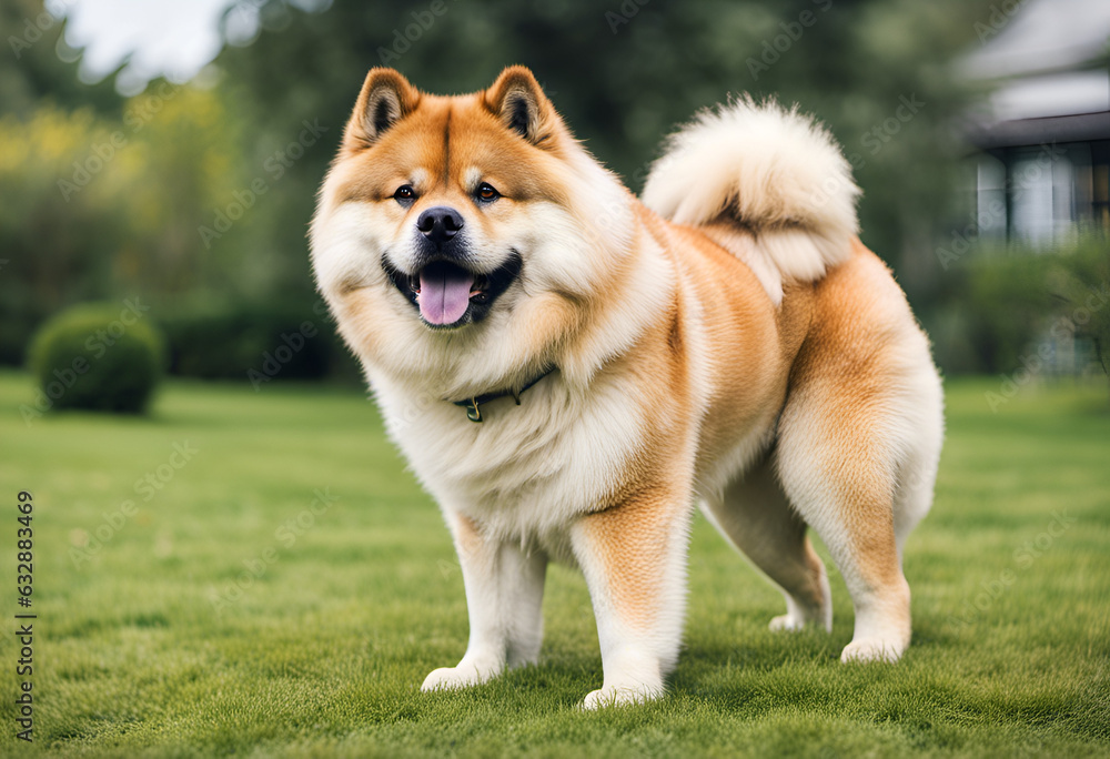 Portrait of a Akita Chow dog on grass