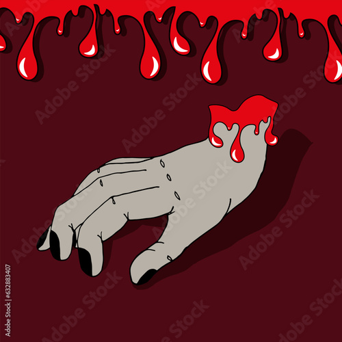 Template design of Halloween banner cover with Trendy Flowing blood texture and dead hand Thing. Invitation on trick or treat pary. Creepy Halloween concept. Vector illustration.