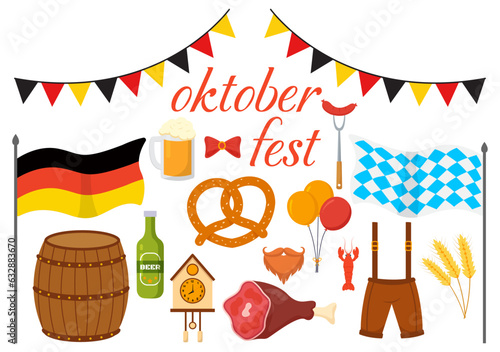 Set of Happy Oktoberfest Festival Elements Vector Illustration with Beer, Sausage, Barrels, Germany Flag and More Cartoon Background Design Templates