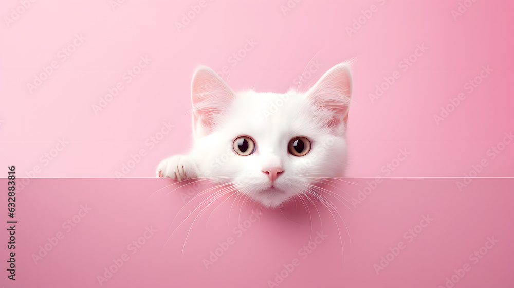 cat peeking out of a hole in solid pink wall