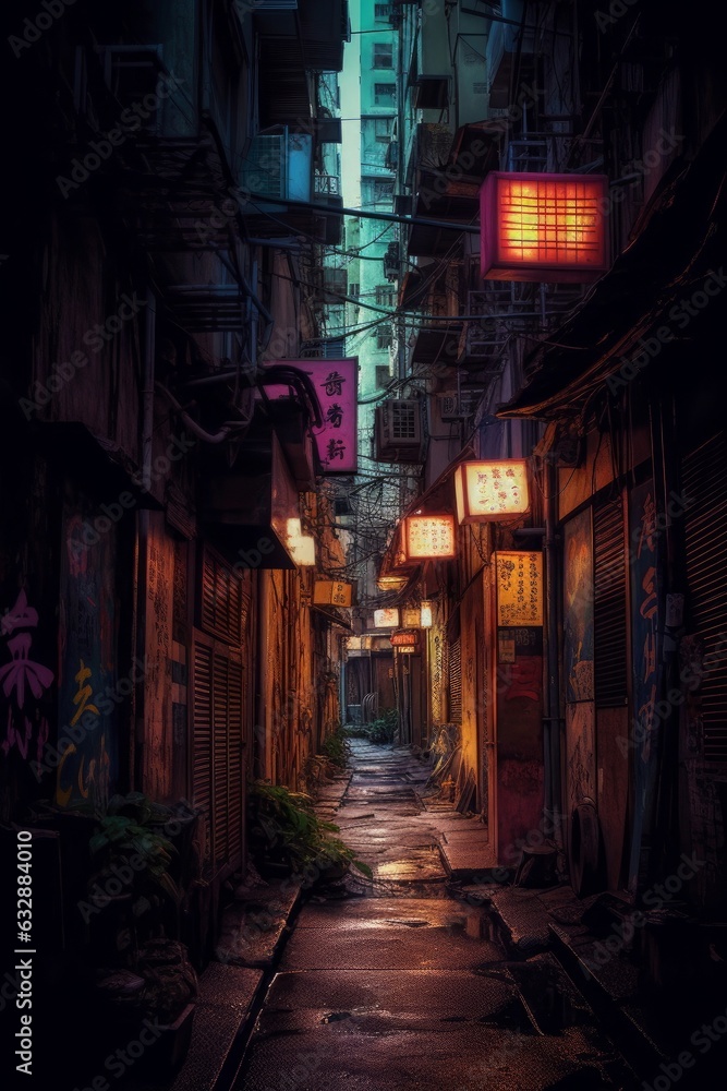 Concept art illustration of narrow alley in cyberpunk city, Generative AI