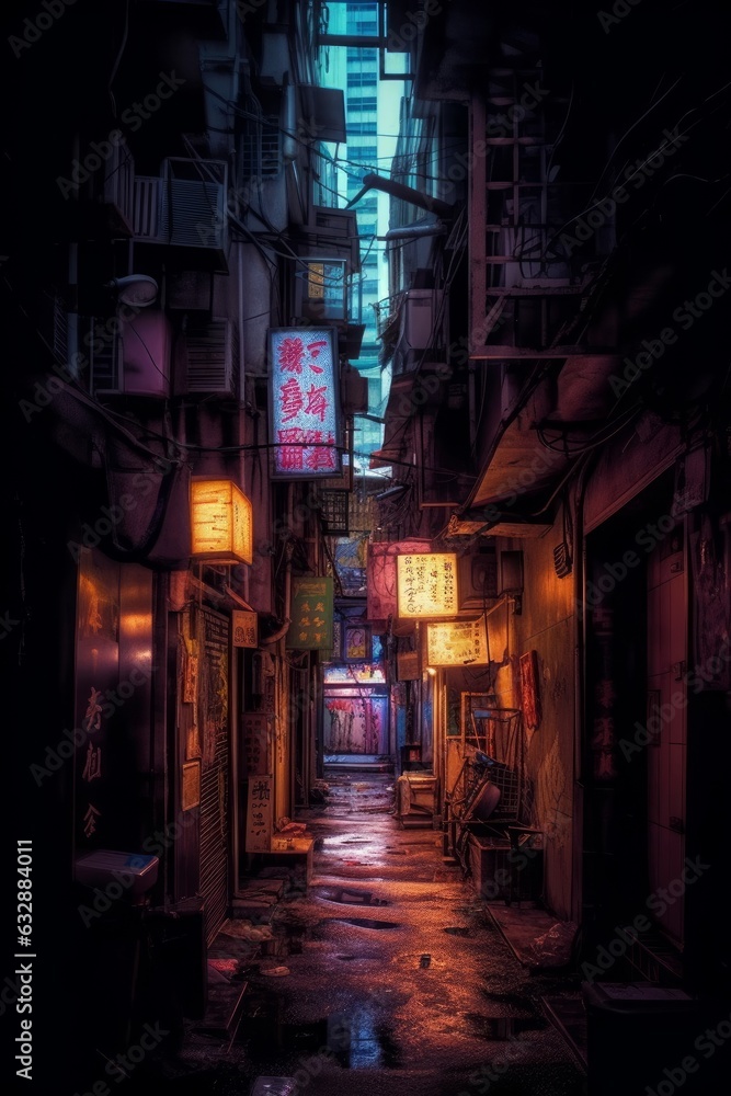 Concept art illustration of narrow alley in cyberpunk city, Generative AI