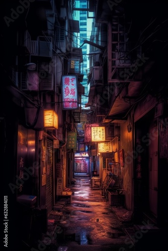 Concept art illustration of narrow alley in cyberpunk city  Generative AI