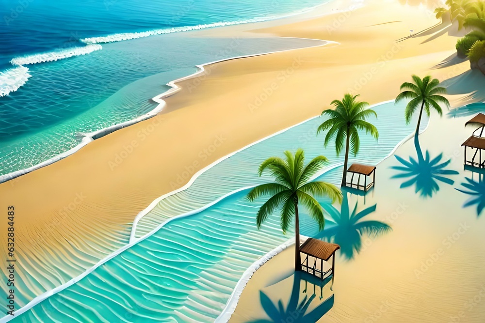 Aerial view of sea beach with palm trees.
