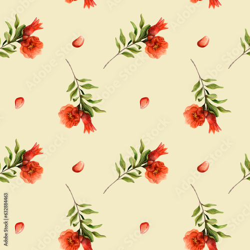 Watercolor red pomegranates flowers and seeds seamless pattern with bright branches on pastel yellow background. Botanical realistic illustration for wrapping paper  fabric  food and cosmetics