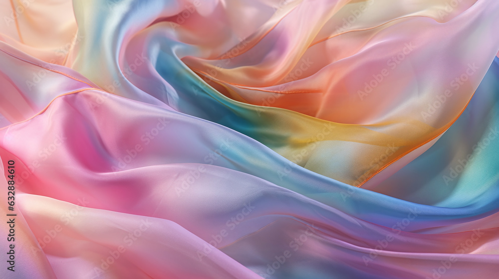 Silk background texture. Flying colorful iridescent clothes. Wavy folded bright organza, shiffon fabric. Ai generated illustration Silk background texture. Flying colorful iridescent clothes. Wavy folded bright organza, shiffon fabric. Ai generated illustration