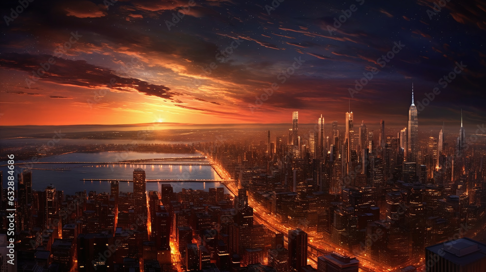 Futuristic city in night lights with galaxy planets in sky, fantasy realistic background. Sunset in futuristic megapolis with space moon on horizon in AI generative