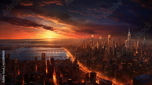 Futuristic city in night lights with galaxy planets in sky, fantasy realistic background. Sunset in futuristic megapolis with space moon on horizon in AI generative