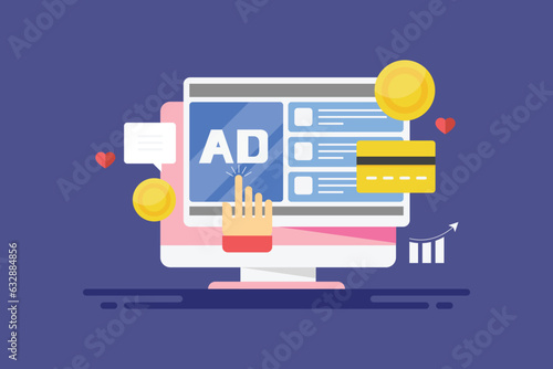 Cost per click, cost per impression display advertising, digital ad network, business promotion with paid media, hand pressing display ad, investment concept, vector illustration web banner.