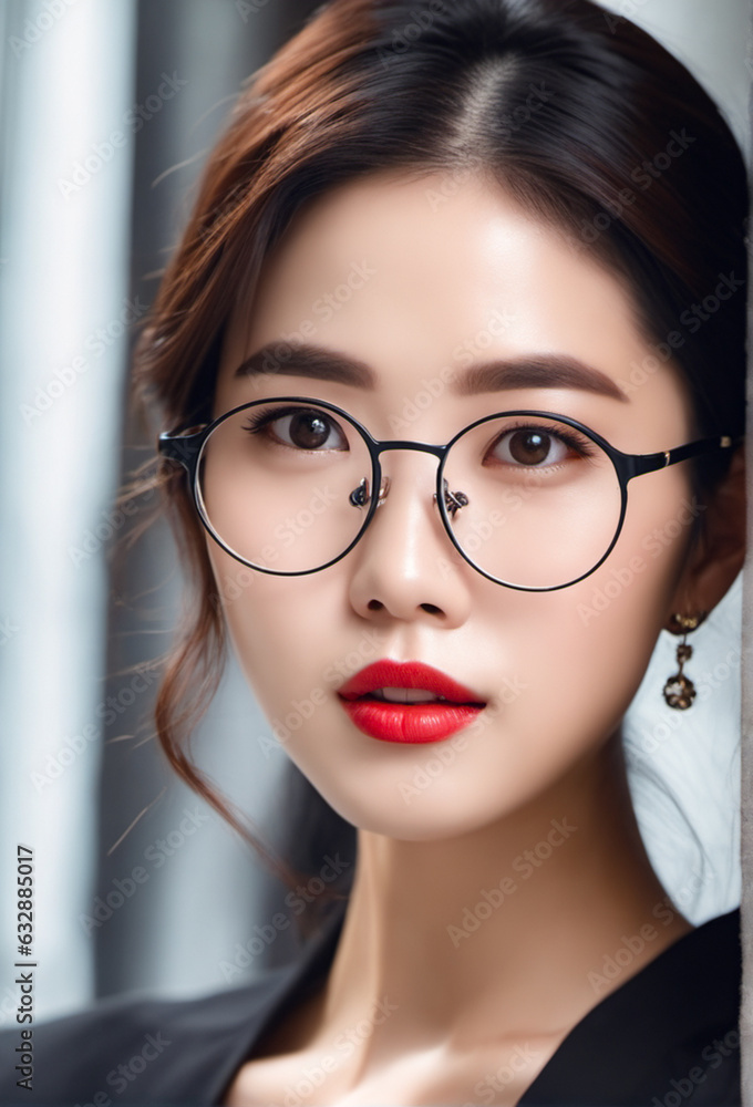 portrait of a person with red lips and eyeglass