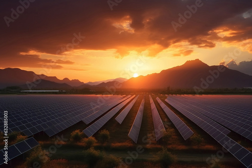 A lot of solar cells on solar power plant on sunrise. Photovoltaic panel's farm generating clean energy on a background with mountains.