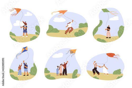 People fly kites set. Happy families with kids, couples playing with flying wind toy in nature. Outdoor leisure activity on summer holiday. Flat vector illustrations isolated on white background