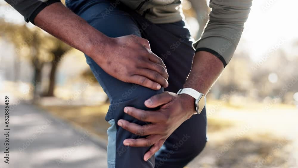 Running, legs and knee pain with fitness injury in park, person and accident, health and